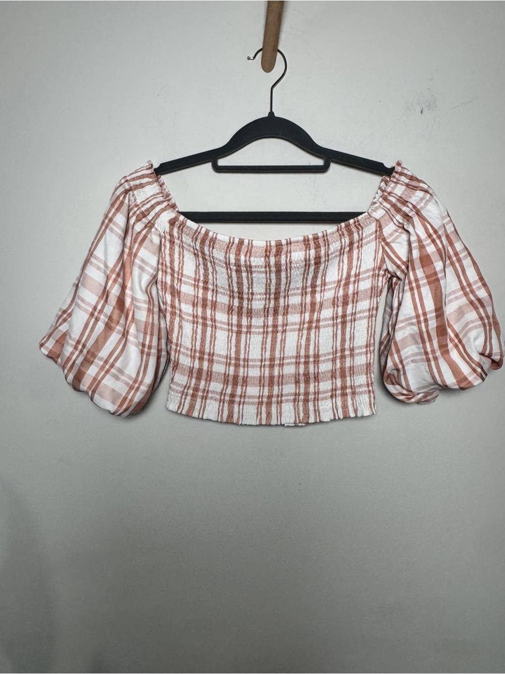 The Vintage Shop Rust and White Plaid Off-Shoulder Crop Top
